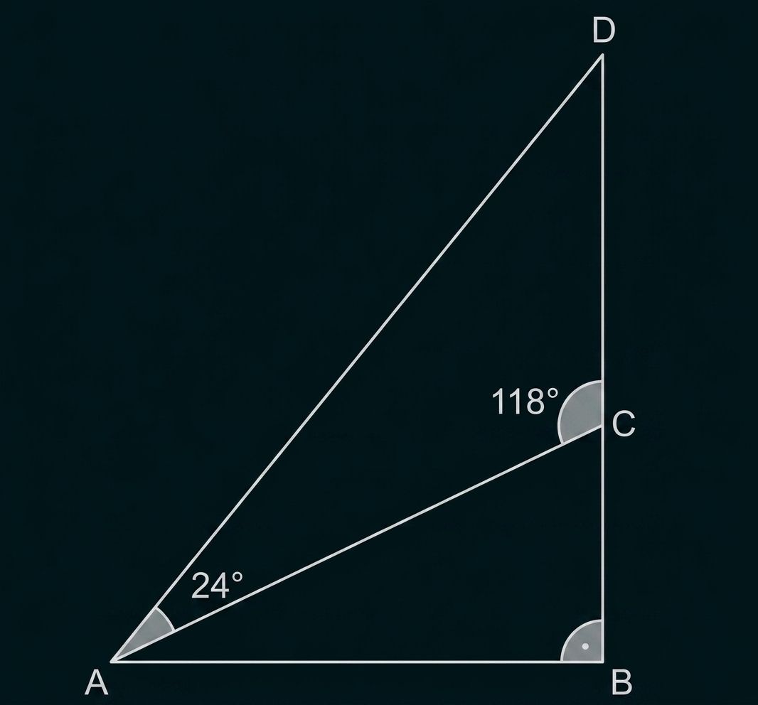 Geometrische Skizze mit Punkten A, B, C und D sowie eingezeichneten Winkeln 24° und 118°